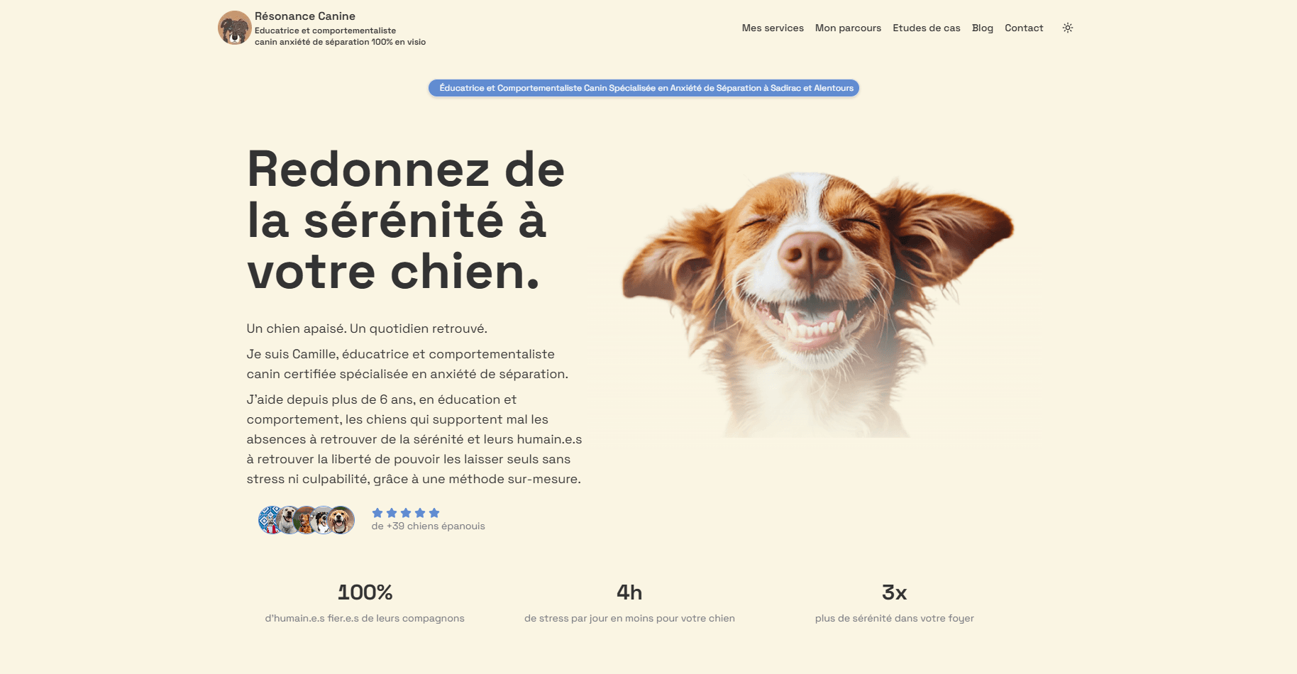 Homepage du site Resonance Canine — comportementaliste canine Sadirac